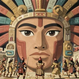 aztec warriors defend the city of Tenochtitlan from Spanish Conquistadors, anime, detailed expression on faces, symmetrical face, beautiful eyes, art nouveau, Moebius, Studio Ghibli, cinematic, widescreen, 4K