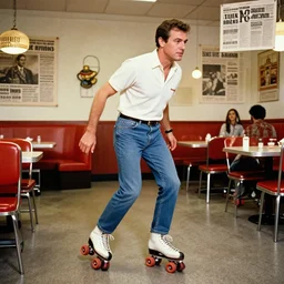 President Nixon roller-skating in a Mexican restaurant, award-winning front-page newspaper photo, grainy, 1970s