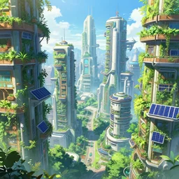 4k anime wallpaper of  a future solarpunk city, vertical farming on walls, solar on roof, vegetation everywhere