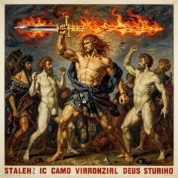 oni with flaming sword, monumental painting by gerrit van honthorst and hajime sorayama and devis stuart, illusion surreal art, highly conceptual figurative art, intricate detailed oil illustration, controversial poster art, polish poster art 1 9 8 0