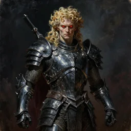 oil painting of a pale menacing Apollo with long curly blond hair and piercing red glowing eyes, powerful sci fi centurion in tall jagged black plate armor, cinematic chiaroscuro creeping darkness, by J.C leyendecker and norman rockwell