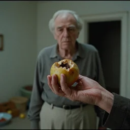 7 0 s film still from a horror movie of an elderly person in a liminal space holding decayed fruit, kodachrome, cinecolor, cinestill, photorealism, cinematic, film grain, film texture, vhs recording