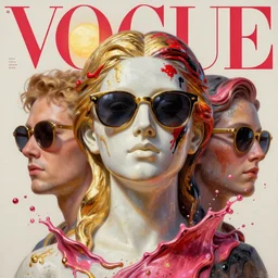 3 d marble statue of goddess's head in sunglasses, multiple splashes of golden and red and black paint, liquid white and pink metal, sun, vogue cover style, poster art, high detail, intricate oil painting, multiple exposure, stanley kubrick mood, hyperrealism, 3 d, by tooth wu and wlop and beeple and greg rutkowski