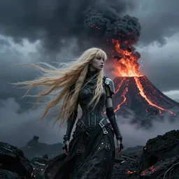 volcano eruption post apocalyptic scene with a long haired flowing blonde cyber girl futuristic rick owens bladerunner stormy weather