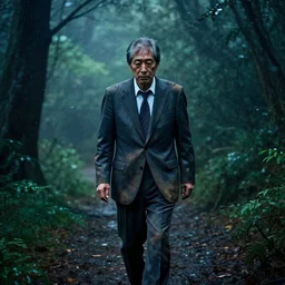 old japanese man wearing a dirty and tattered business suit wandering through a misty and dark rainforest at night, glitchy paparazzi photo,