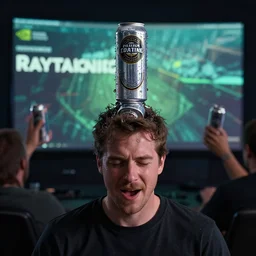 People crush beer cans on their heads, octane render, nvidia raytracing demo