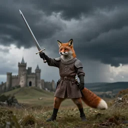 anthropomorphic fox who is a medieval knight holding a sword towards a stormy thundercloud 1 9 3 0 s film still, castle in the background