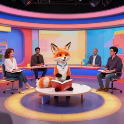 fox talking about his book in live tv, colorful, contrast, 3 d scene, greg rutkowski, zabrocki, karlkka, jayison devadas, trending on artstation, 8 k, ultra wide angle, zenith view, pincushion lens effect