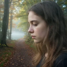 a double exposure of a beautiful extreme close up side view portrait of a mystical young woman looking down!!, apparition, ghostly, motion blur, with a landscape photo of an autumn misty morning forest, forest trail, lake, dappled light, sun rays, green and brown tones