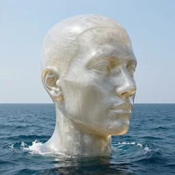 a giant sculpture made out of of gelatin in a human head shape, on the surface of the ocean, in the style of chad knight, long shot, hyper detailed, hyper realistic, ray tracing, 8 k resolution, sharp focus, realistic water, award winning sculpture
