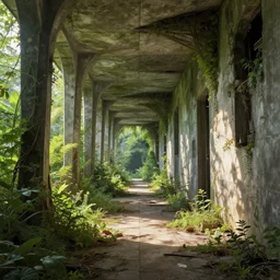 a beautiful ultradetailed illustration of corridor abandoned by frank lloyd wright, reclaimed by nature tokyo sunlight nature dieselpunk extraterrestial, archdaily, wallpaper, highly detailed, trending on artstation.