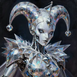 closeup of court jester!!, ominous complex intricate polished holographic platinum cyborg bionic futurism fantasy art angular cyberpunk art concept, holographic metallic fluid polygonal shards, ultrafine detailed painting by cedric seaut android jones artgerm greg rutkowski gustave dore, cgsociety, trending on zbrush central darksynth sharp focus 8 5 mm f 1. 8 ray tracing