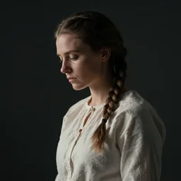 portrait of a slavic woman, medium closeup, braided ponytail, cinematic light, dark background, sideview, looking down, wrinkled cotton shirt