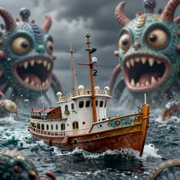 of a lost boat on dark and stormy angry sea with large strange creatures with big eyes, mouth and sharp teeth appearing from the water, in the style of Gaudi, macro lens, shallow depth of field, highly detailed, digital painting, trending artstation, concept art, illustration, cinematic lighting, vibrant colors, photorealism, epic, octane render