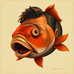 painting portrait of leonardo dicaprio as a carp fish, cartoon, warm lighting, leonardo dicaprio has a carp fish body. leonardo dicaprio's face on a carp fish's body movie poster, illustration by bartek fedyczak, erak note, tooth wu, neil richards, kan liu, siwoo kim, jisu choe, trending on art station