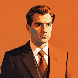 mobster in a suit and tie, portrait. bauhaus, angular, geometric. orange color theme. flat, solid background. simple shapes. strong outline