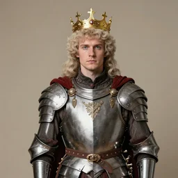 richard iv the roman king photo, real human, soft studio lighting, 6 0 mm lens in full armor, cashmere hairs, golden crown