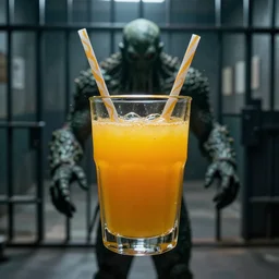 A glass of orange juice carried by Cthulhu in a prison cell, Cinematic shot