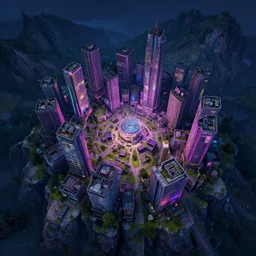 abandoned cyberpunk village on a mountain, bird eye view, neon colors artwork by beeple