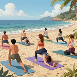 inlego people doing yoga on beach , hyper details, cartoon, hyperrealistic intricate details, by Peter Mohrbacher, trending on artstation, 8k