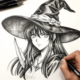 portrait of anime woman wearing witch hat, pen and ink, intricate line drawings, by craig mullins, ruan jia, kentaro miura, greg rutkowski, loundraw