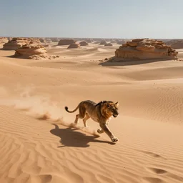 pouncing beast running across the open desert, empty desert, sand, karst landscape, wide shot, concept art by greg rutkowski