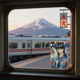 fuji 5 0 r, 3 5 mm ; sunrise, shinkansen station window view of beautiful hyperrealistic film still from matrix ronin promenade scene directed by tati in style of 1 9 9 0 s frontiers in miniature porcelain kintsugu design magazine seinen manga edition, real - life seinen manga porcelain sci - fi font izakaya sign, highly detailed, cinematic lighting, 8 k