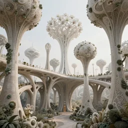 beautiful scifi futuristic biophilic city architectural landscape, arches, cellular bridges, stone columns, rhizomorph finials spires, brackets, fractal puffballs, blooms, vincent callebaut composition, iris van herpin, elegant lace haute couture broad embroidered cone trees, porcelain magnolia fluid nebula, soldier lichen, soft light