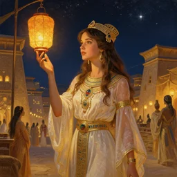 a beautiful painting of a girl resembling millie bobby brown at the lantern festival in a an ancient egyptian town, at night with a sky full of stars, intricate, elegant, highly detailed, digital painting, artstation, concept art, by krenz cushart and artem demura and alphonse mucha