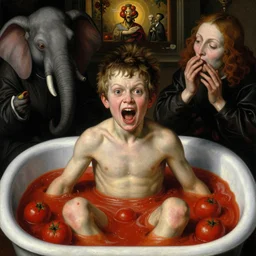 a boy like eraserhead and elephant man sitting in a tub full of tomato sauce, looking straight into camera, screaming in desperation, baptist ritual, by giuseppe arcimboldo and ambrosius benson, renaissance, fruit, intricate and intense oil paint, a touch of beksinski and hr giger and edward munch, realistic