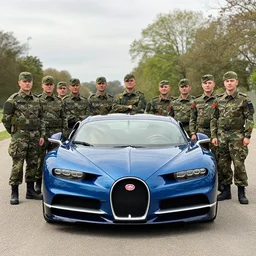 an army of andrew tates standing next to a bugatti.