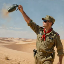 a painting of an israeli solidier with sunglasses, a field cap, and a red ascot tie throwing a frag grenade in the desert high details
