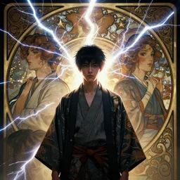 character concept, wide angle, symmetrical head - on centralized, young man with japanese clothes. detailed, high quality, dynamic lightning, fantasy, scenematic. artwork by artgerm, wlop, alex ross, greg rutknowski, alphonse mucha