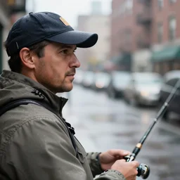closeup portrait of a man fishing in a rainy new york street, photography