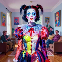 a morphed harlequin woman with five cigarettes in her mouth and wearing a costume, background of an apartment, art by david hockney and beeple and james jean and luc tuymans and vincent lefevre and hernan bas and pat steir and hilma af klint, neon glitch, psychological, dripping paint, 8 k high quality render, altermodern, masterpiece