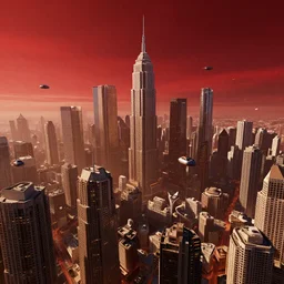 the planet is now a bustling metropolis, with tall buildings and hover cars zipping through the air. the sky is a deep red, and the air is thin and dry. despite the harsh conditions, the city is beautiful, with bright lights and a sense of vibrancy