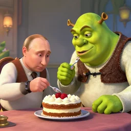 Shrek eating cake with Putin, trending on artstation, 4K
