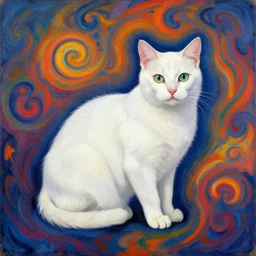 white cat by franz marc, in the style of amanda sage, background vibrant, coloured, mystical swirls, full hd