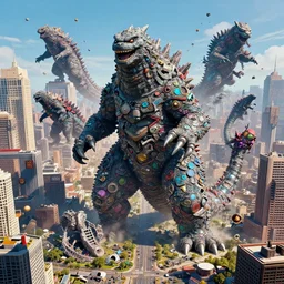destructive giant monsters in the city, photorealistic, highly detailed, sharp focus, vivid, colorful, symmetrical, random, convoluted, mind - blowing, creative, fully functional, end of the world, physics defying, amazing, cool
