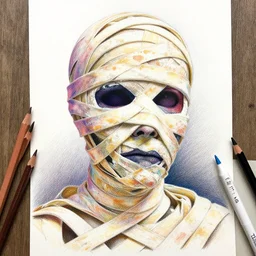 Colored pencil art on paper, Spectral Mummy, highly detailed, artstation, MasterPiece, Award-Winning, Caran d'Ache Luminance