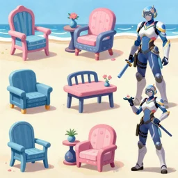 game asset of seaside furniture and decoration, in gouache detailed paintings, props, stylized, 2 d sprites, kitbash, arcane, overwatch, blue and pink color scheme, 8 k, close up
