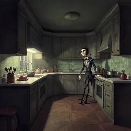 curved perspective digital art of a dim lit kitchen by Gediminas Pranckevicius and charles addams