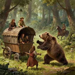 a detailed concept art of a big brown bear fighting with three gipsies in a medieval merchant wagon with a broken wheel amd with two horses in the sherwood forest. trending on artstation, craig mullins, rutkowski