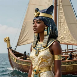 black african annasophia robb as ancient egyptian female warrior, on ship, sea, intricate, elegant, highly detailed, digital painting, artstation, concept art, smooth, sharp focus, illustration, orientalism, edwin long, theodore ralli, aleksi briclot, rutkowski, bouguereau