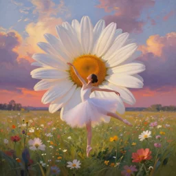 giant daisy flower as head, girl ballet dancing in a flower field, surreal photography, sunrise, dramatic light, impressionist painting, colorful clouds, digital painting, artstation, simon stalenhag