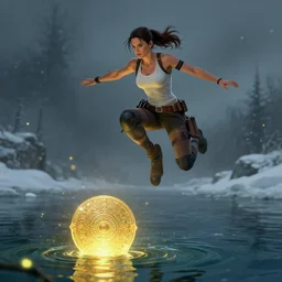 muscled Sandra Bullock as Lara Croft as a ruggedly handsome heroine jumping off a glowing artifact lodged in shallow water, intricate, elegant, highly detailed, artstation, concept art, smooth, sharp focus, illustration, bokeh art by artgerm and donato giancola and Joseph Christian Leyendecker, WLOP, fireflies, distant snowstorm