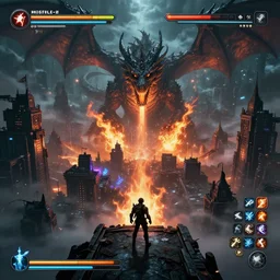 mega detail, gigantic city, random inference, dragons breathing fire, dark magic, night fog, clouds, the matrix, in a battle, video game, final boss, character on platform in front of camera, final attack, hud, attack items spells