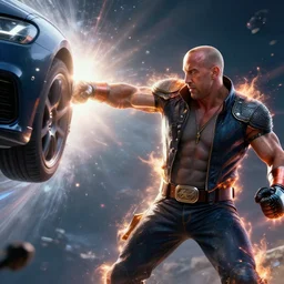 vin diesel as saitama punching!!! a car!!! into space, ultra realistic, lens flare, atmosphere, glow, detailed, intricate, full of colour, cinematic lighting, trending on artstation, 4 k, hyperrealistic, focused, extreme details, unreal engine 5, cinematic, masterpiece