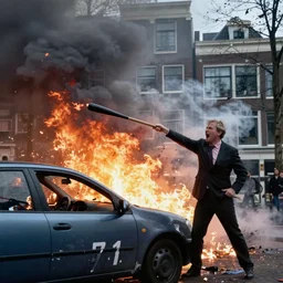 colour photograph of geert wilders shouting and attacking and wrecking a car with bat in amsterdam, fire, smoke, atmospheric lighting, by joel meyerowitz, by saul leiter