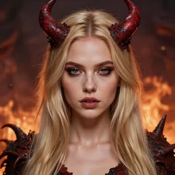 blond girl hell spawn at the fiery pits of hell, flawless symmetrical pretty cute face, ana de armas, greg rutkowski, 8 k, shallow depth of field, intricate detail, concept art,